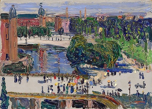 Wassily Kandinsky, Amsterdam - Blick aus dem Fenster. 1904 (Kandinsky,Wassily,1866-1944,New York,S. Guggenheim-Museum,20. Jahrhundert,Stadtansicht,Öl auf Karton,Kandinsky, Wassily,Amsterdam,Niederlande,Hauptstadt Frühwerk,skizzenhaft,Leidseplein,Brücke Singel Gracht,Lido, Vondelpark, Park,Fußgänger,Passanten)