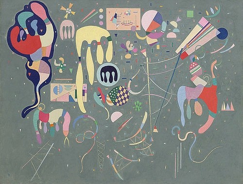 Wassily Kandinsky, Verschiedene Aktionen (Actions variées). 1941 (Klassische Moderne, Malerei, abstrakte Kunst, biomorphe Formen, abstrakte Muster, Linien, Kreise, Bögen, beschwingt, tänzerisch, aktiv, Wohnzimmer, Büro, Arztpraxis, Wunschgröße, bunt)