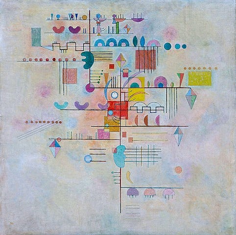 Wassily Kandinsky, Zarter Aufstieg (Montée gracieuse). 1934 (Klassische Moderne, Malerei, abstrakte Kunst, geometrische Formen, abstrakte Muster, Linien, Kreise, Dreiecke, Bögen, Wohnzimmer, Büro, Arztpraxis, Wunschgröße, bunt)