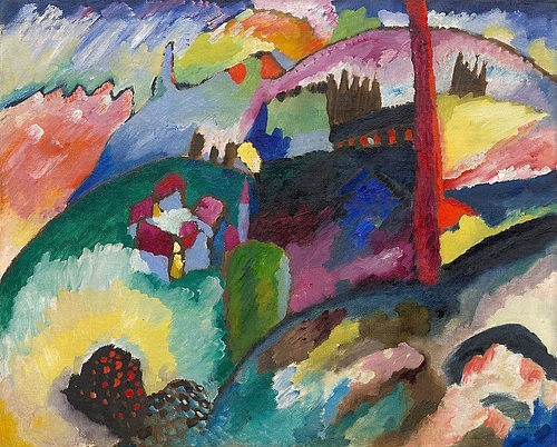 Wassily Kandinsky, Landschaft mit Fabrikschornstein. 1910 (Kandinsky,Wassily,1866-1944,New York,S. Guggenheim-Museum,Öl auf Leinwand,20. Jahrhundert,Expressionismus,Landschaft,Der Blaue Reiter,Kandinsky, Wassily,Fabrikschornstein,Schornstein,erhöhter Betrachterstandpunkt,Frühwerk,Blauer Reiter)