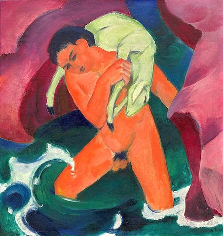 Franz Marc, Knabe mit Lamm. Der gute Hirte. 1911 (Marc,Franz,1880-1916,New York,S. Guggenheim-Museum,Öl auf Leinwand,20. Jahrhundert,Franz Marc,tragen,Knabe,Junge,junger Mann,Lamm,Schaf,Wasser,Felsen,retten,guter Hirte,nackt,Akt,hilfsbereit)