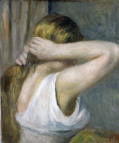 Pierre-Auguste Renoir, Junges Mädchen mit erhobenen Armen. Um 1895. (Junge Frau, Rückenansicht, blonder Zopf, Impressionismus, klassische Moderne, Wunschgröße, Wohnzimmer, Malerei)