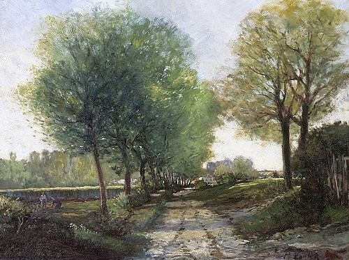 Alfred Sisley, Baumallee bei einem Städtchen. 4. Viertel 19. Jahrhundert. (Sisley,Alfred,1839-1899,Öl auf Leinwand,19. Jahrhundert,Impressionismus,französischer,Kunsthalle Bremen,Kunsthalle Bremen - Der Kunstverein in Bremen.,28195 Bremen,Vogler,Paul,1852-1904,landschaft,straße,weg,ländlich,bäume,sonnenschein,sonnig,frankreich,f)