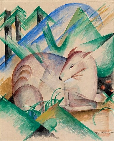 Franz Marc, Rotes Reh. 1913 (Marc,Franz,1880-1916,New York,S. Guggenheim-Museum,Aquarell,20. Jahrhundert,Tiere,Gouache und Graphit auf Papier,Franz Marc,Blauer Reiter,Reh,Aquarell,Waldtier,Waldtier,kubistisch,Tier,zart,scheu,Nadelbäume,Bäume)