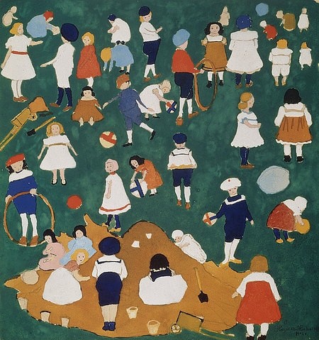 Kasimir Malewitsch, Kinder. 1908 (Malewitsch,Kasimir,1878-1935,Gouache/Papier,19. Jahrhundert,20. Jahrhundert,Moskau,Museum der Privatsammlungen im A. Puschkin Museum für bildende Künste,Malewitsch, Kasimir Sewerinowitsch,bunt,heiter,Kind,Kinder spielen Reifen Matrosenanzug Sandkiste)