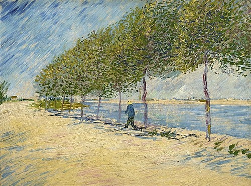 Vincent van Gogh, An der Seine. 1887 (Gogh,Vincent van,1853-1890,Amsterdam,Van Gogh - Museum,Öl auf Leinwand,19. Jahrhundert,Post-Impressionismus,Vincent van Gogh,Seine Paris,Skizze,Spaziergänger,Bäume,Allee,Baumreihe,Perspektive,Flussufer,Frühling,Spaziergang,Ufer,Fluss,hellgrün)