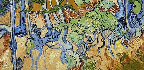 Vincent van Gogh, Baumwurzeln. 1890 (Gogh,Vincent van,1853-1890,Amsterdam,Van Gogh - Museum,Öl auf Leinwand,19. Jahrhundert,Post-Impressionismus,Vincent van Gogh,Wurzeln,Baumstämme,Stämme,unvollendet,halbabstrakt,Wald,Waldboden Erde)