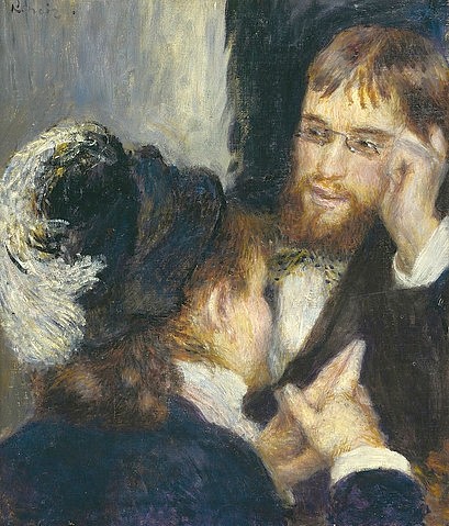 Pierre-Auguste Renoir, Das Gespräch. 1875-78 (Mann, Frau, Gespräch, Unterhaltung, konzentriert, Federhut, Personen, Impressionismus, klassische Moderne, Wunschgröße, Wohnzimmer, Malerei)