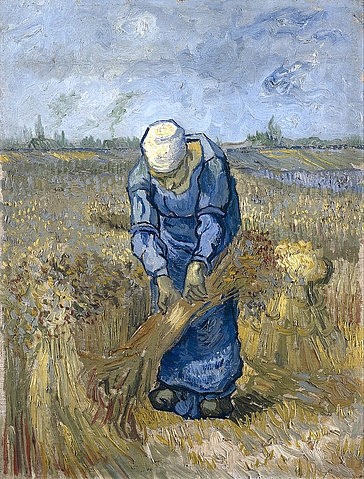 Vincent van Gogh, Garbenbindende Bäuerin (nach Millet). 1889 (Gogh,Vincent van,1853-1890,Amsterdam,Van Gogh - Museum,Öl auf Leinwand,19. Jahrhundert,Post-Impressionismus,Vincent van Gogh,nach Jean-François Millet,bäuerliches Leben,Bäuerin,Frau,Weizen,Garbe,arbeiten,Ernte blau gelb Getreide)