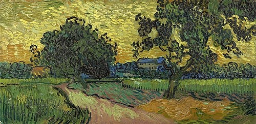 Vincent van Gogh, Landschaft in der Dämmerung. 1890 (Landschaft,Post-Impressionismus,19. Jahrhundert,Öl auf Leinwand,Amsterdam,Van Gogh - Museum,1853-1890,Gogh,Vincent van,Vincent van Gogh,Auvers,Birnbäume,Bäume,Schloß,Landsitz,Herrenhaus,Abend,Abendstimmung,Felder,Duktus,Pinselstriche,gelb gelber Himmel we)