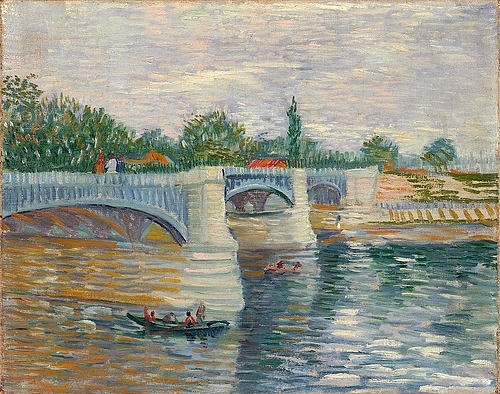Vincent van Gogh, Die Brücke von Courbevoie. 1887 (Landschaft,Post-Impressionismus,19. Jahrhundert,Öl auf Leinwand,Amsterdam,Van Gogh - Museum,1853-1890,Gogh,Vincent van,Vincent van Gogh,Brücke,Seine,Spiegelung,Spiegelungen,Reflexion,Wasser,Boot,Brückenpfeiler)
