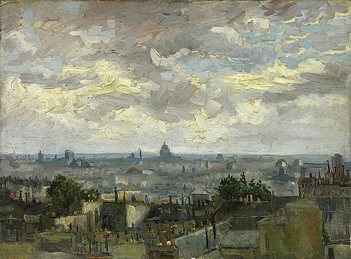 Vincent van Gogh, Blick auf Paris. 1886 (Gogh,Vincent van,1853-1890,Amsterdam,Van Gogh - Museum,Öl auf Leinwand,19. Jahrhundert,Stadtansicht,Post-Impressionismus,Frankreich,Vincent van Gogh,Paris,Dächer,Schornsteine,Panthéon, Louvre, Notre Dame,Himmel,bewölkt)