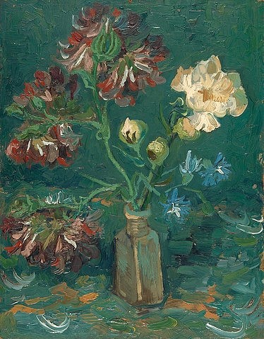 Vincent van Gogh, Flasche mit Pfingstrosen und Rittersporn. 1886 (Gogh,Vincent van,1853-1890,Amsterdam,Van Gogh - Museum,19. Jahrhundert,Stillleben,Post-Impressionismus,Blumen,Öl auf Karton,Vincent van Gogh,Blumen,Blumenstrauß,Pfingstrosen,Rittersporn,Glasflasche,Blüten,blühen)