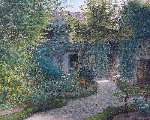 Jean-François Millet, Haus von Théodore Rousseau in Barbizon. (Garten, Gartenweg, Idylle, Blumenbeet, Bäume, verwunschen, Ruhe, Gebäude, Wohnhaus, Realismus, Malerei, Wohnzimmer, Klassiker, Wunschgröße, bunt)