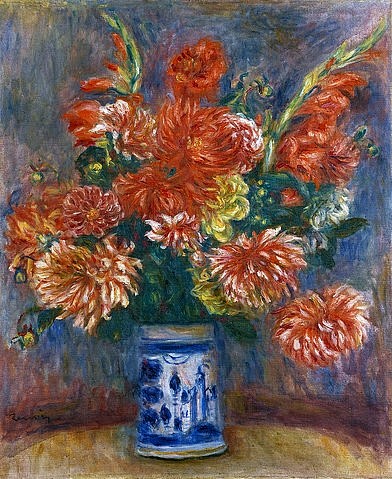 Pierre-Auguste Renoir, Dahlien. 1918 (Stillleben, Dahlien, Blumen, Blüten, Strauß, Krug, Vase, Impressionismus, klassische Moderne, Wunschgröße, Wohnzimmer, Esszimmer, Treppenhaus, Malerei)