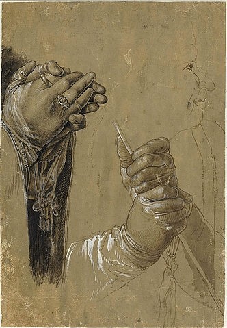 Albrecht Dürer, Hände und ein Kopf im Profil. (Dürer,Albrecht,1471-1528,Amsterdam,Rijksmuseum,Federzeichnung,16. Jahrhundert,Renaissance,deutsche,wohl,Albrecht Dürer,Hand,Hände,Ring,beten,greifen,Zeichnung Skizze)