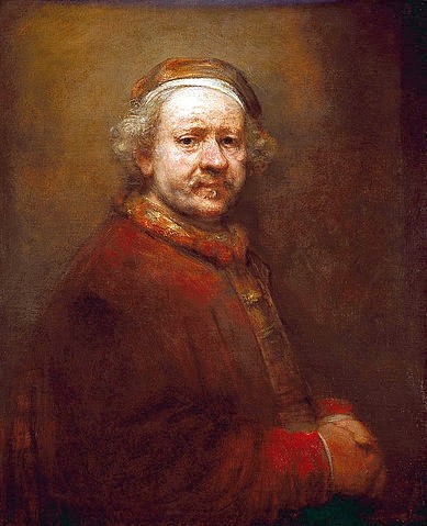 Rembrandt van Rijn, Selbstbildnis im Alter von 63 Jahren. 1669 (London,National Gallery,Rembrandt van Rijn,1606-1669,Öl auf Leinwand,17. Jahrhundert,Portrait,Barock,niederländisch,Selbstportrait,Rembrandt van Rijn,Spätwerk,rot,roter Mantel,Barett,Hände gefaltet,Selbstportrait,alt,alter Mann,Maler,Künstlerportrait)