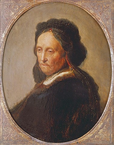 Rembrandt van Rijn, Bildnis der Mutter. 1628 (Rembrandt van Rijn,1606-1669,Genf,Musée d'Art et d'Histoire,Öl auf Holz,17. Jahrhundert,Portrait,Rembrandt Harmensz. van Rijn,Frau,Mutter,alt,Alte,nachdenklich,schwarz,Kopfbedeckung,Schmuck,Falten,oval)