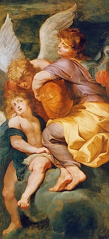 Peter Paul Rubens, Drei musizierende Engel. 1615/20 (Engel, Engelskonzert, musizieren, himmlisch, Instrument, Laute, Wolken, Barock, Klassiker, Malerei, Treppenhaus, Wohnzimmer, Wunschgröße, bunt)