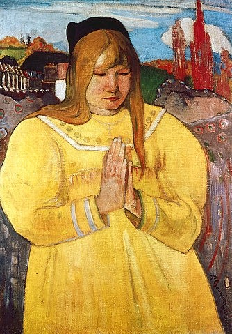 Paul Gauguin, Bretonisches Mädchen. 1984 (Gauguin,Paul,1848-1903,Williamstown,Clark Institute,Öl auf Leinwand,19. Jahrhundert,Post-Impressionismus,Gauguin, Paul,Mädchen,beten,gelb,gelbes Kleid,bretonisch,Cloisonismus kontemplativ still Hände Gebet in Gedanken stilisiert)