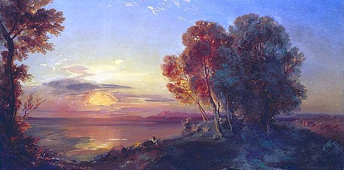 Carl Rottmann, Sonnenuntergang am Starnberger See. (Landschaftsmalerei, Bayern, See, Sonnenuntergang, mythisch, episch, heroisch, Abendszene, stimmungsvoll, Malerei, Romantik, Klassiker, Wunschgröße,  Wohnzimmer, bunt)