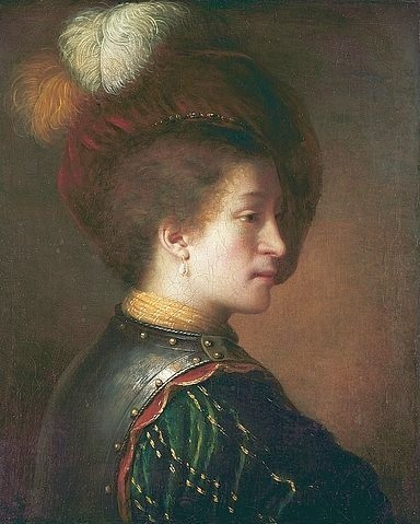 Rembrandt van Rijn, Mann mit Federhut. (Rembrandt van Rijn,1606-1669,Madrid,Museo Lazaro Galdiano,17. Jahrhundert,Portrait,Barock,niederländisch,Rembrandt,Mann,Profil,Feder,Federschmuck Federhut Ohrring Harnisch jugendlich Perlenohrring junger Mann)
