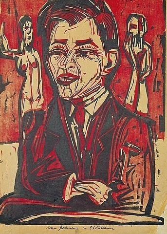 Ernst Ludwig Kirchner, Selbstbildnis. (Kirchner,Ernst Ludwig,1880-1938,Holzschnitt,Privatbesitz,20. Jahrhundert,Portrait,Expressionismus,Die Brücke,Selbstportrait,Kirchner, Ernst Ludwig,Maler,Grafik,rot schwarz Halbfigur)