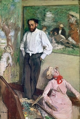 Edgar Degas, L'Homme et le pantin (Der Mann und der Hampelmann). 1879 (Degas,Edgar,1834-1917,Lissabon,Sammlung Gulbenkian,Öl auf Leinwand,19. Jahrhundert,Impressionismus,französischer,Degas, Edgar,Marionette,Paul Cézanne,Déjeuner sur l'herbe,dejeuner,angelehnt,Mann,Gemälde,Kunst,Performance,Puppentheater,Vorführung,Portrait,)