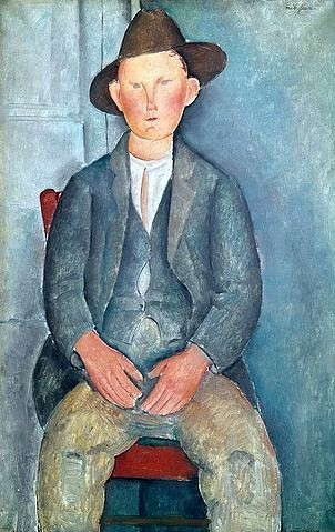 Amadeo Modigliani, Der kleine Bauer. Um 1918 (London,Tate Gallery,Modigliani,Amadeo,1884-1920,Öl auf Leinwand,20. Jahrhundert,Portrait,Modigliani, Amedeo,Bauernjunge,Junge,jung,Hut,sitzen,bäuerlich,breitbeinig,Jacke)