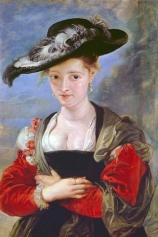 Peter Paul Rubens, Le chapeau de Paille. Bildnis von Susanna Lunden(?). Wohl 1622-25 (Portrait, Frau, Dame, Federhut, Susanna Lunden, Susanna Fourment, Hochzeitsbild, Ring, Brustbild, Barock, Klassiker, Malerei, Treppenhaus, Wohnzimmer, Wunschgröße, bunt)
