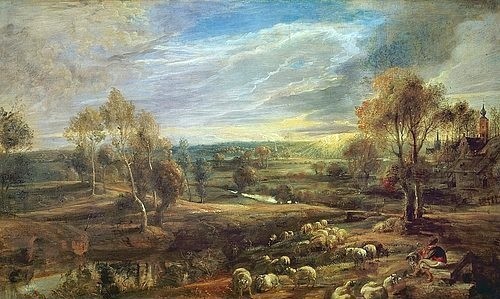 Peter Paul Rubens, Landschaft mit Schäfer und seiner Herde. Um 1638 (Sonnenuntergang, Hirte, Schafe, Schafherde, ländlich, bäuerlich, Landschaft, Idylle, Barock, Klassiker, Malerei, Treppenhaus, Wohnzimmer, Esszimmer, Wunschgröße, bunt)