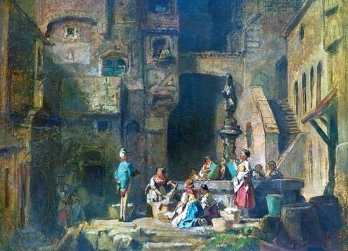 Carl Spitzweg, Wäscherinnen am Brunnen. Um 1882 (Öl auf Holz,Darmstadt,Hessisches Landesmuseum,Biedermeier,19. Jahrhundert,Spitzweg,Carl,1808-1885,Spitzweg, Carl,Frauen,Hausfrauen,waschen,Waschtag,Soldat,Brunnen,Kleinstadt,Haushalt,Waschkorb,Waschkörbe)