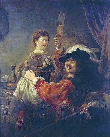 Rembrandt van Rijn, Selbstbildnis mit Saskia. Um 1635 (17. Jahrhundert,Barock,Dresden,Gemäldegalerie,1606-1669,Rembrandt van Rijn,Selbstbildnis,Rembrandt,Trinken,Paar,Wein,Rembrandt van Rijn 1606-1669)