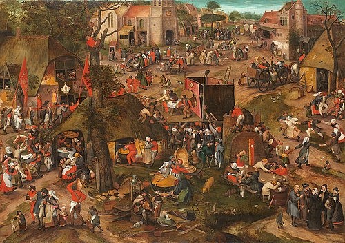 Peeter Baltens, Eine flämische Kirmes mit einer Aufführung der Posse 'Een cluyte van Plaeyerwater'. Um 1570 (Amsterdam,Rijksmuseum,Öl auf Holz,16. Jahrhundert,Baltens,Peeter,1540-1584,Peeter Baltens, Pieter,Umkreis von Pieter Bruegel,Posse,Schwank,Bühne,Theaterstück,Kirmis,flämisch,Menschenmenge,Dorf,Dorfbewohner,Dorffest,Essen trinken,Vergnügen,Niederlande)