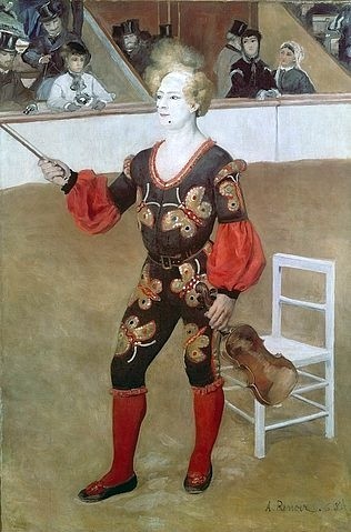 Pierre-Auguste Renoir, Der Clown. 1868 (Clown, Zirkusclown, Manege, Geige, Kostüm, Zuschauer,  geschminkt, Unterhaltung, Impressionismus, klassische Moderne, Wunschgröße, Wohnzimmer, Malerei)