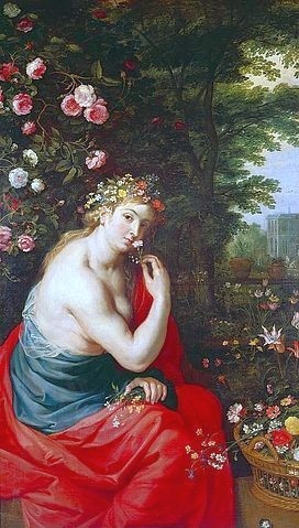 Peter Paul Rubens, Die Göttin Flora. Um 1625 (Flora, Garten, Blumen,  Allegorie, Frühling, Göttin, Blumenkranz, Rosen, Blumenkorb, üppig, Barock, Klassiker, Malerei, Treppenhaus, Wohnzimmer, Wunschgröße, bunt)