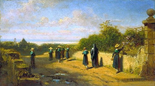 Carl Spitzweg, Mädchenpensionat auf dem Spaziergang. Um 1870 (Spitzweg,Carl,1808-1885,Öl auf Pappe,19. Jahrhundert,Biedermeier,auf Holz,Spitzweg, Carl,Mädchen,Schuluniform,Strohhüte,Spaziergang,Gruppe,Pensionat,Nonne,Klosterschüler,Klosterschule,Mädchenschule,Klasse,Schülerinnen)