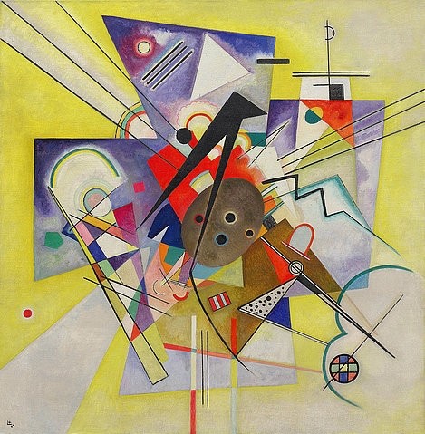 Wassily Kandinsky, Gelbe Begleitung. 1924 (Klassische Moderne, Malerei, abstrakte Kunst, geometrische Formen, abstrakte Muster, Linien, Kreise, Dreiecke, Bögen, Wohnzimmer, Büro, Arztpraxis, Wunschgröße, bunt)