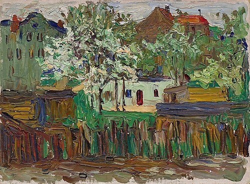 Wassily Kandinsky, München. Um 1901-02 (Kandinsky,Wassily,1866-1944,New York,S. Guggenheim-Museum,Öl/Leinwandkarton,20. Jahrhundert,Abstraktion,Kandinsky, Wassily,München,Frühwerk,pastos,Häuser,Baum)
