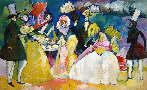 Wassily Kandinsky, Reifrockgesellschaft. 1909 (Kandinsky,Wassily,1866-1944,New York,S. Guggenheim-Museum,Öl auf Leinwand,20. Jahrhundert,Wassily Kandinsky,Frühwerk,Gruppe,Mode,Reifrock,Reifröcke,Zylinder,Damen,Herren,Biedermeier,Biedermeiermode,draußen,im Freien,Beisammensein,Gesellschaft,halbrealisti)