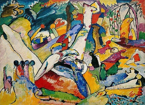 Wassily Kandinsky, Skizze für 'Komposition II'. 1909-10 (Klassische Moderne, Malerei, abstrakte Kunst,biomorphe Formen, abstrakte Muster, figurativ, Pferd, Menschen, Landschaft, Wohnzimmer, Büro, Arztpraxis, Wunschgröße, bunt)