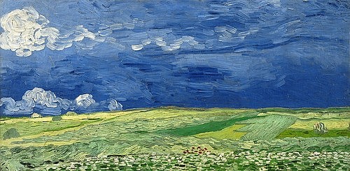 Vincent van Gogh, Weizenfeld unter einem Gewitterhimmel. 1890 (Gogh,Vincent van,1853-1890,Amsterdam,Van Gogh - Museum,Öl auf Leinwand,Landschaft,Post-Impressionismus,Gogh, Vincent, van,Wolke,Landschaft,auf dem Land,Feld,Felder,Himmel,blau,grün,Weizenfeld,flach,Holland)