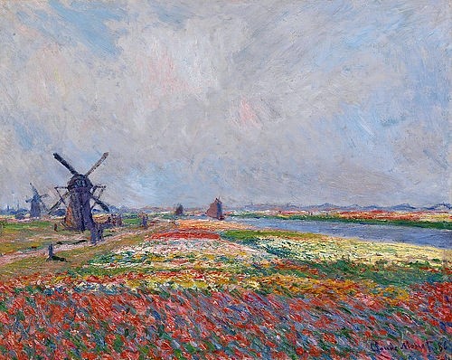 Claude Monet, Tulpenfelder in der Nähe von Den Haag. 1886 (Monet,Claude,1840-1926,Amsterdam,Van Gogh - Museum,Öl auf Leinwand,19. Jahrhundert,Impressionismus,Landschaft,französischer,Monet, Claude,Windmühle,Mühle,Blumenfeld,Blumenfelder,Blumenzucht,Tulpen,Holland,Niederlande,Himmel)