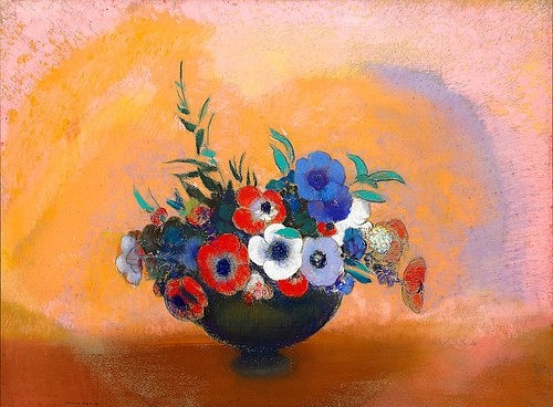 Odilon Redon, Anemonen (Les Anémones). Um 1912 (Postimpressionismus, Stillleben, Blumenvase, Blüten, Blumen, Sommerblumen, floral, klassische Moderne, Malerei, Wohnzimmer, Esszimmer, Treppenhaus, Wunschgröße, bunt)