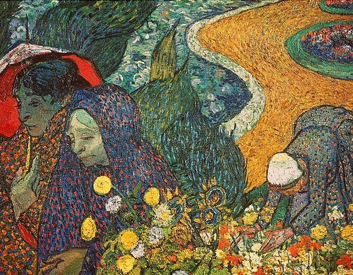 Vincent van Gogh, Die Frauen von Arles (Erinnerung an den Garten in Etten). 1888 (Gogh,Vincent van,1853-1890,St. Petersburg,Eremitage,19. Jahrhundert,Frauen,Gogh, Vincent van Gogh,Blumen,pfücken,Tuch,Garten,Post-Impressionismus,Trauer,Trauernde,kleinteilig,Farbtupfer,Tupfer,Duktus,sich bücken,angeschnitten,Weg,Kopfbedeckung,Kopftuch,Pu)