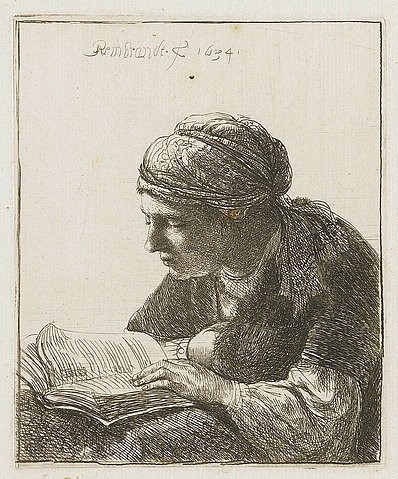 Rembrandt van Rijn, Lesende. 1634 (Rembrandt van Rijn,1606-1669,Amsterdam,Rijksmuseum,Radierung,17. Jahrhundert,Rembrandt Harmensz. van Rijn,Holland,holländisch,Niederlande,Buch Brustbild,Kopftuch,Profil,seitlich Frau,lesen,Leserin Lesende konzentriert,Grafik,Signatur,signiert)