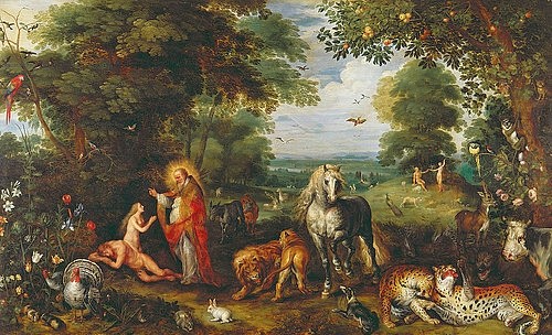 JAN BRUEGHEL DER ÄLTERE, Das Paradies. (Paradies, Garten Eden, Gott, Adam, Erschaffung der Eva, Frieden, Tiere, religiös, Barock,  Klassiker, Malerei, Wunschgröße, Wohnzimmer, bunt)