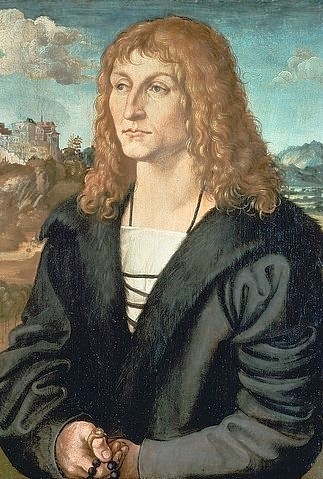 LUCAS CRANACH Der Ältere, Bildnis eines bartlosen Mannes. Vor oder um 1500 (junger Mann, Portrait, Locken, langhaarig, blond, Portrait, Brustbild, Rosenkranz, Ring, Pelzkragen, Klassiker, Renaissance, Wunschgröße, Wohnzimmer)