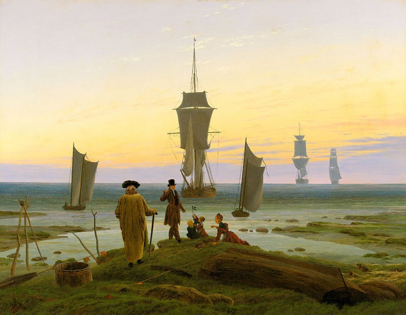 Caspar David Friedrich, DIE LEBENSSTUFEN (Meer, Segelschiffe, Küste, Strand, Spaziergänger,Horizont, Meeresbrise, Klassiker, Wohnzimmer, Schlafzimmer, Malerei, Romantik, Wunschgröße, bunt)