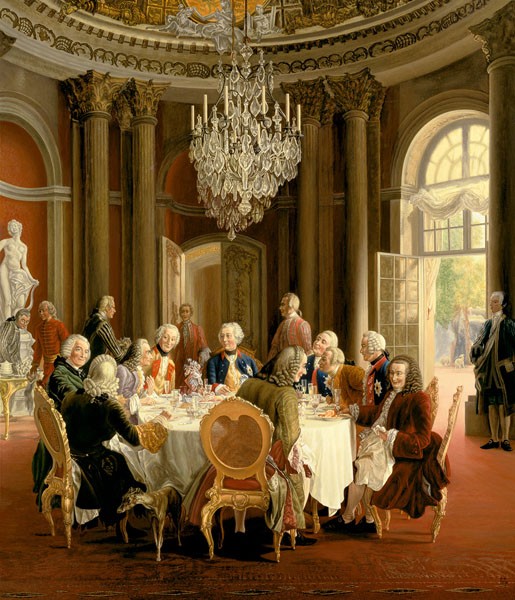 Adolph von Menzel, DIE TAFELRUNDE (Friedrich der Große, König, Preussenkönig, Speisesaal, Männergespräch, prächtig, prunkvoll, Wohnzimmer, Esszimmer, Wunschgröße, Malerei, bunt)